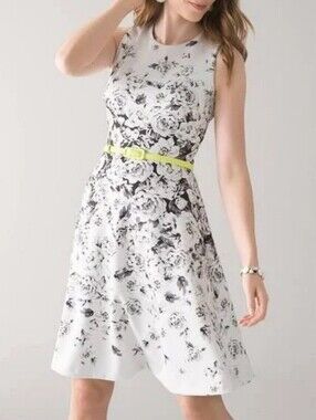 White House Black Market Black & White Floral Dress with Yellow Accent
